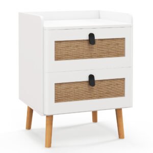 Mesa de cabeceira moderna com 2 gavetas decoradas em rattan - Branca