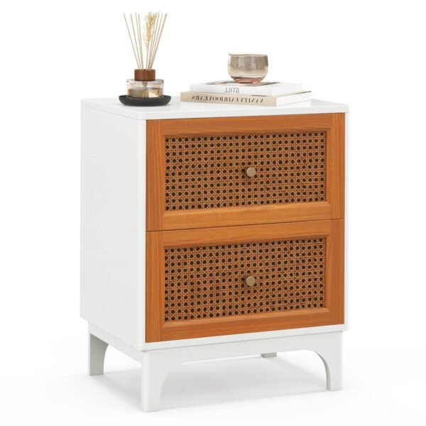 Mesa de cabeceira estilo boho com 2 gavetas decoradas em rattan trançado à mão - Branca