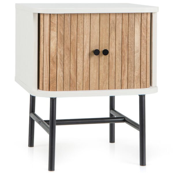 Mesa de cabeceira moderna de meados do século XX com armário de arrumação e pés de metal - Branca