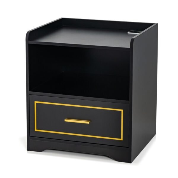 Mesa de cabeceira com luz LED, porta USB e estação de carregamento Tipo C. Mesa de cabeceira com sensor de movimento. Preta.