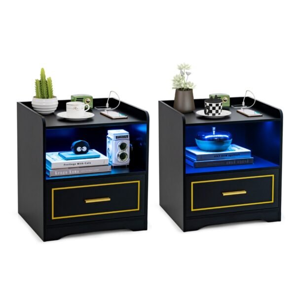 Conjunto de 2 mesas de cabeceira com luz LED, porta USB e estação de carregamento tipo C, mesa de cabeceira com sensor de movimento, pretas