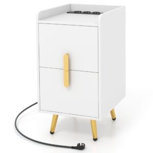 Mesa de cabeceira com estação de carregamento, mesa de cabeceira estreita com 2 gavetas e portas USB, 40 x 32 x 60 cm, branca