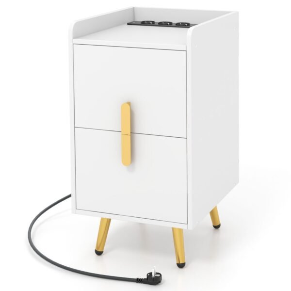 Mesa de cabeceira com estação de carregamento, mesa de cabeceira estreita com 2 gavetas e portas USB, 40 x 32 x 60 cm, branca