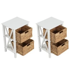 Mesa de cabeceira de 3 níveis com 2 cestos de junco e mesa lateral estreita com design em X, 36 x 30 x 57 cm, branca