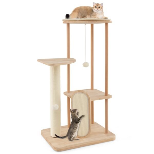 Torre moderna de vários níveis para gatos com arranhador e poste.