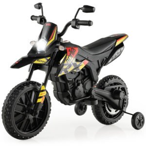 Motocicleta elétrica infantil Aprilia licenciada, 12V, com rodinhas de apoio, preta.