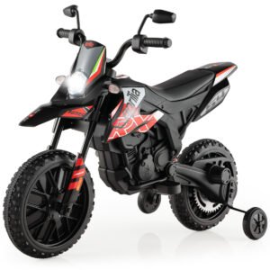 Motocicleta elétrica infantil Aprilia licenciada, 12V, com rodinhas de apoio, vermelha.