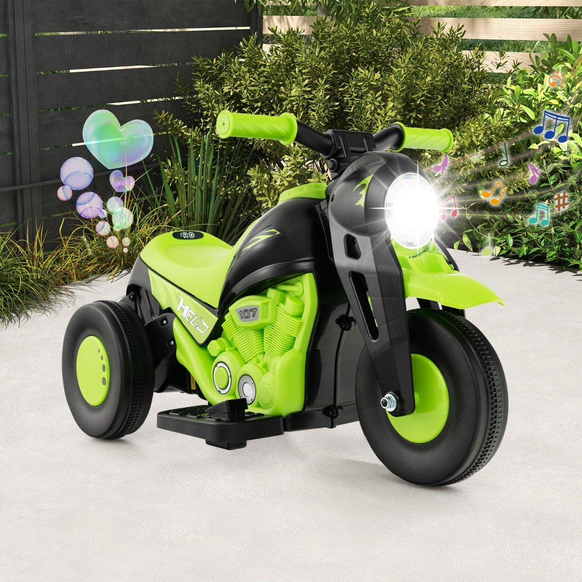 Moto infantil com máquina de bolhas, música e farol de LED, verde. - Image 2