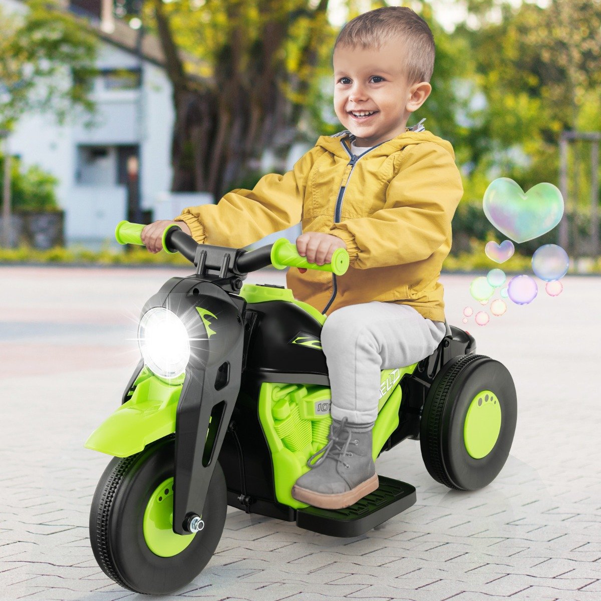Moto infantil com máquina de bolhas, música e farol de LED, verde. - Image 4