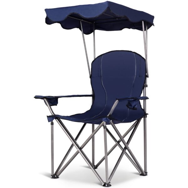 Cadeira de praia dobrável e portátil com dossel e porta-copos - Azul