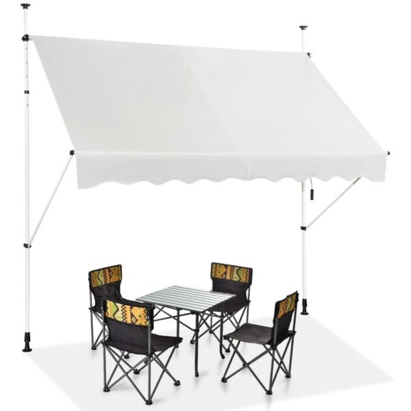 Toldo retrátil para jardim ou pátio externo, bege e branco.