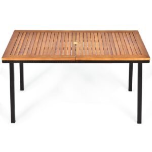 Mesa de jantar de acácia para pátio de 55 polegadas com orifício para guarda-sol