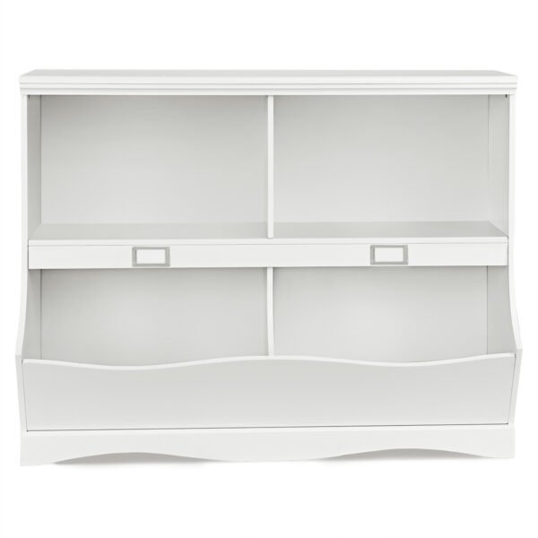 Organizador de livros e brinquedos infantil branco com estante.