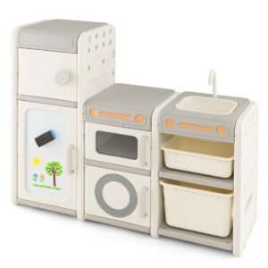 Baú de brinquedos e estante multifuncional com quadro branco magnético - Cinza