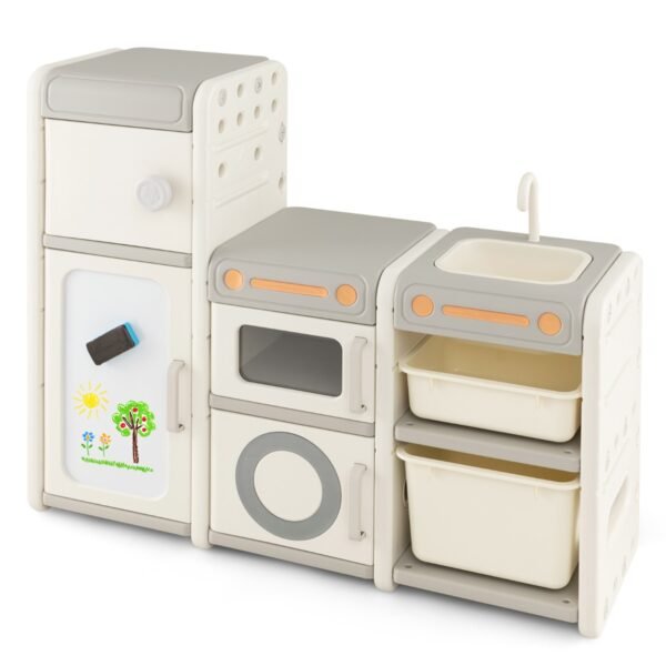 Baú de brinquedos e estante multifuncional com quadro branco magnético - Cinza