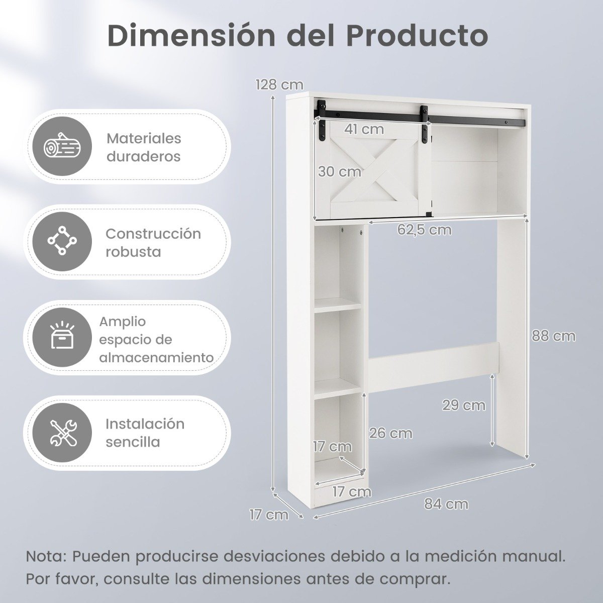 Armário de armazenamento de 4 níveis para colocar sobre o vaso sanitário com porta de correr estilo celeiro e prateleiras de armazenamento - Branco - Image 3