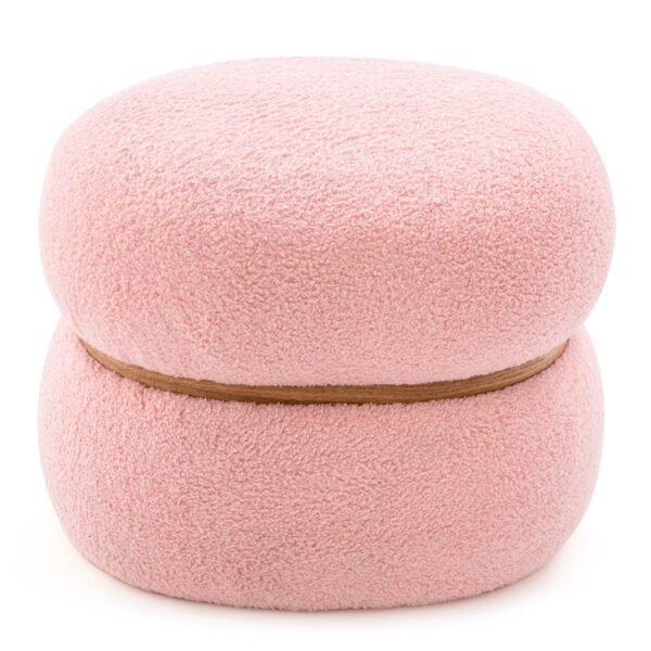 Banqueta oval com pés antiderrapantes. Banqueta estofada para penteadeira em sherpa rosa.