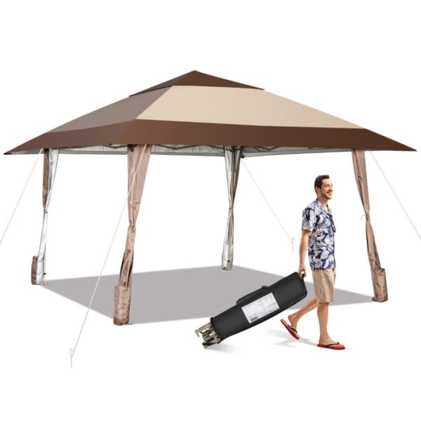 Gazebo dobrável para pátio, 390 x 390 cm, com proteção solar UPF 50+, rodas, saia para os pés e bolsa de transporte.