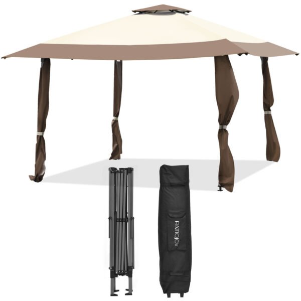 Tenda grande para eventos, 4 m x 4 m, com cobertura de dois andares, marrom.