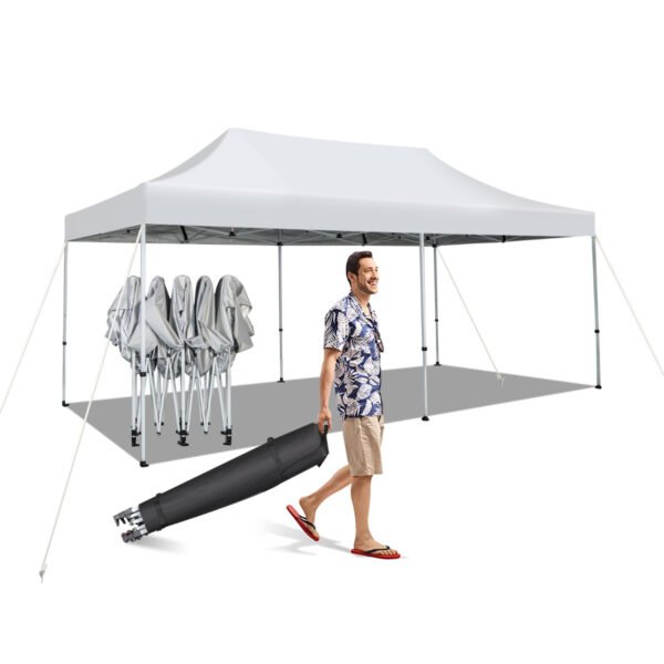 Tenda dobrável de 3m x 6m com proteção solar UPF 50+, rodas e bolsa de transporte.
