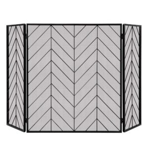 Tela de lareira dobrável de metal com 3 painéis e malha metálica - Preta