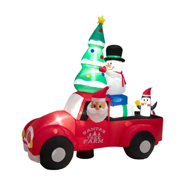 Caminhão de Natal inflável de 220 cm de comprimento com Papai Noel e decoração natalina colorida.