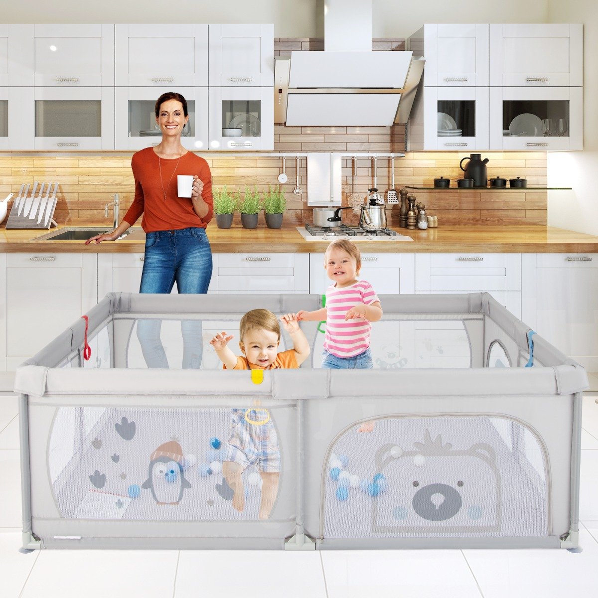 Cercadinho para Bebê com 50 Bolinhas, 2 Portas, Rede Respirável e Pinguins com Zíper - Image 4