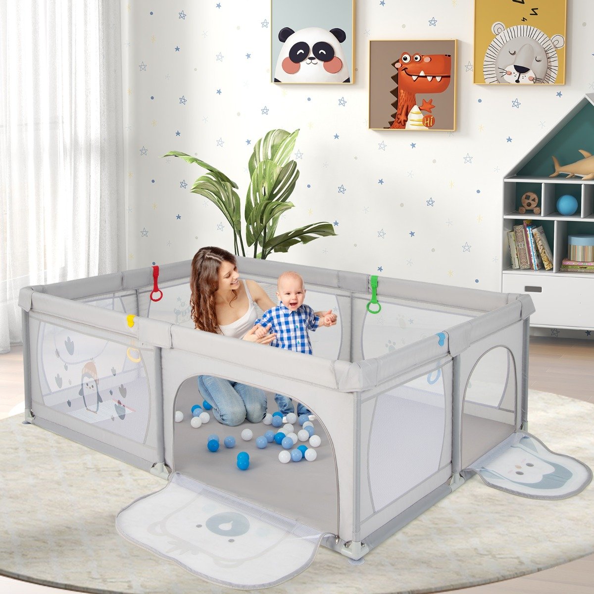 Cercadinho para Bebê com 50 Bolinhas, 2 Portas, Rede Respirável e Pinguins com Zíper - Image 2