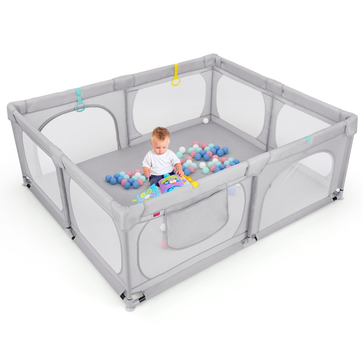 Cercadinho para Bebê com 4 Argolas de Puxar, 50 Bolinhas de Boia, Tela Respirável e Bolsa de Transporte Cinza Claro