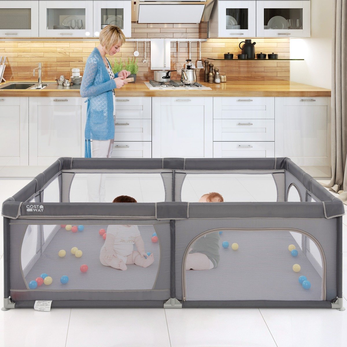 Cercadinho para Bebê com 50 Bolinhas, 2 Portas e Tela Respirável Cinza Escuro - Image 4