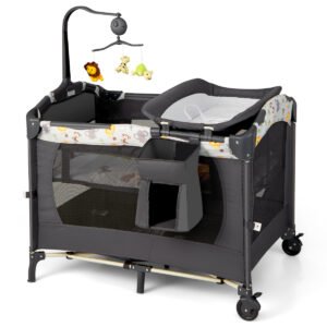 Cercadinho portátil conversível 3 em 1 para bebês com caixa de música, roda e freios - Cinza escuro