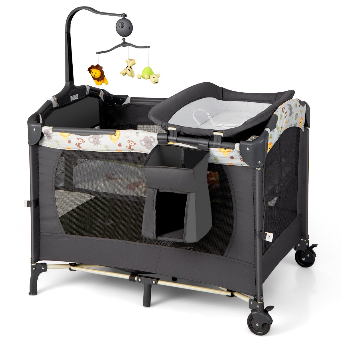 Cercadinho portátil conversível 3 em 1 para bebês com caixa de música, roda e freios - Cinza escuro