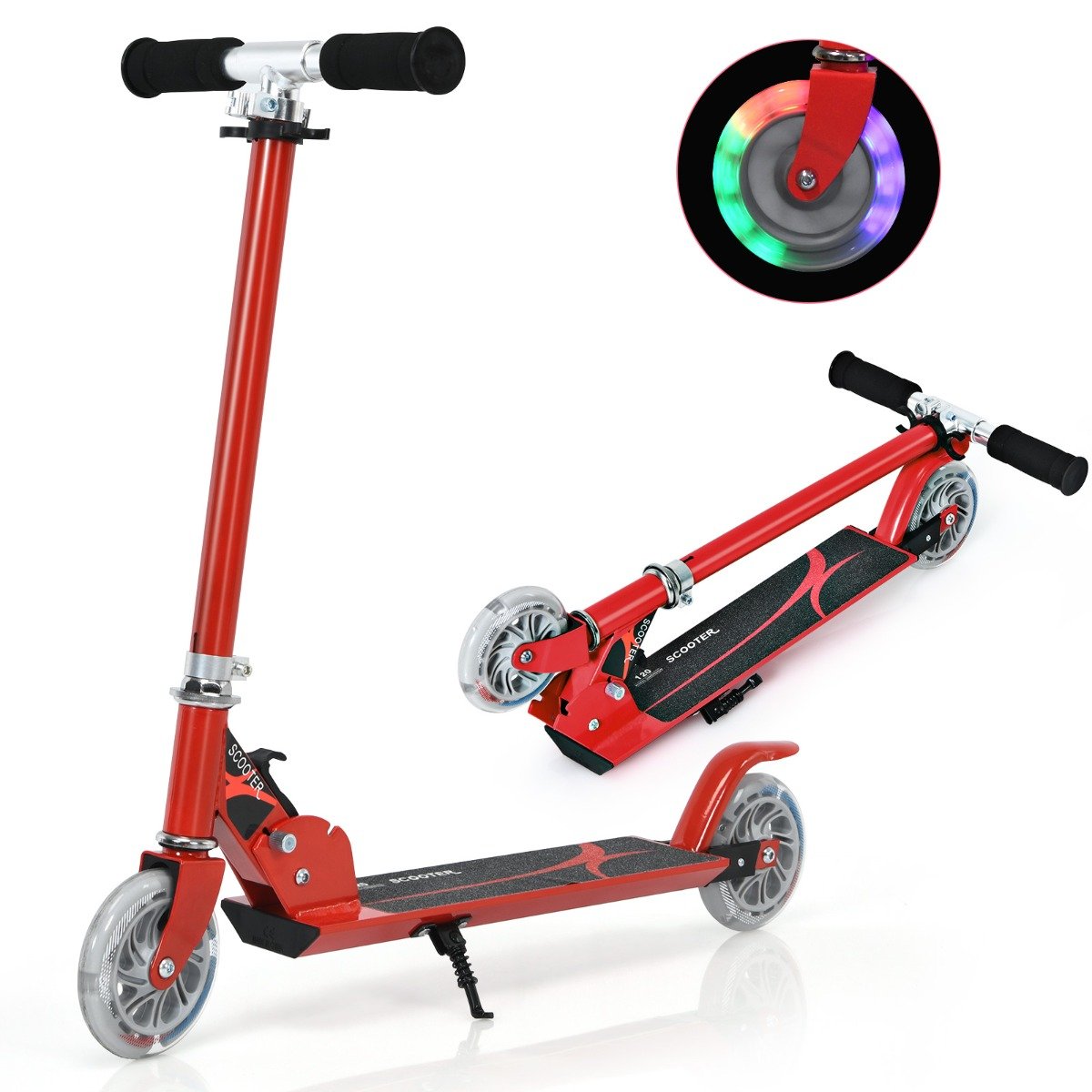 Patinete infantil dobrável de alumínio com rodas iluminadas por LED - Vermelho