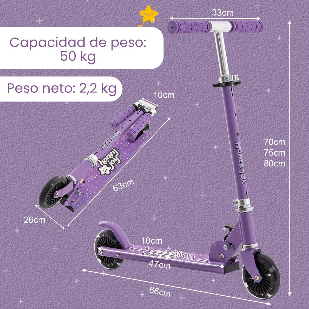 Patinete infantil com rodas de LED, altura ajustável, patinete infantil, patinete urbano, roxo - Image 3