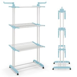 Varal de roupas dobrável de 3 níveis, 127 x 63 x 171 cm, azul