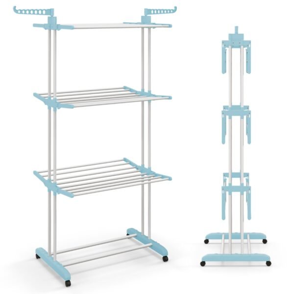 Varal de roupas dobrável de 3 níveis, 127 x 63 x 171 cm, azul