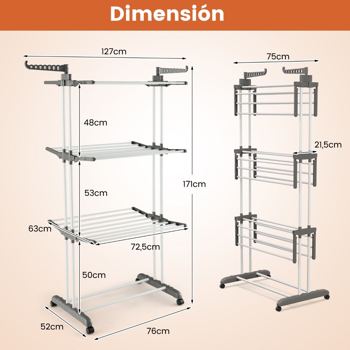 Varal de roupas de 4 níveis com abas laterais giratórias e prateleiras dobráveis - Cinza - Image 3