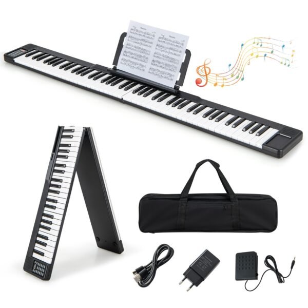 Teclado eletrônico de piano digital dobrável de 88 teclas, 137 x 16,5 x 5 cm, preto e branco.