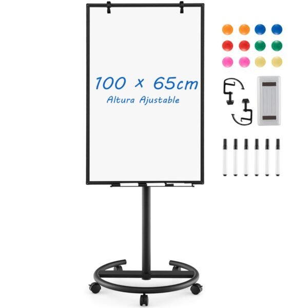 Quadro branco móvel com altura ajustável, suporte redondo e prendedores de papel - Preto
