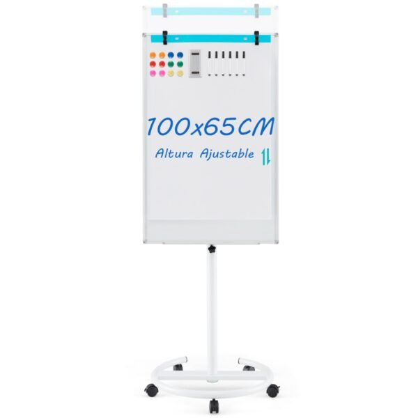 Quadro branco magnético com rodízios e altura ajustável de 100 cm x 65 cm - Branco