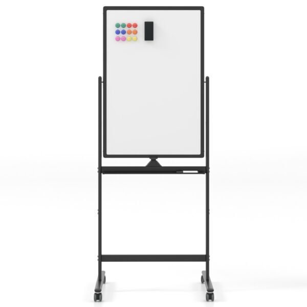 Quadro branco móvel de dupla face com porta-canetas e acessórios para escritório/escola, 60 x 90 cm, preto.