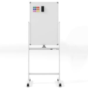 Quadro branco móvel de dupla face com porta-canetas e acessórios para escritório escolar, 60 x 90 cm, branco
