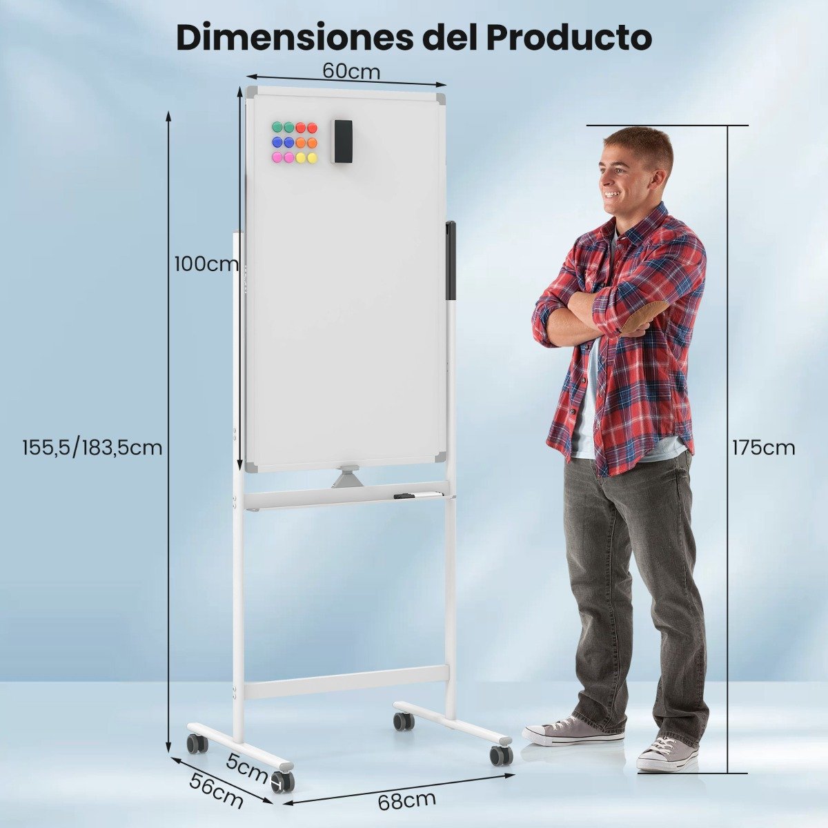 Quadro branco reversível com rodinhas, marcadores pretos e apagador - Branco - M - Image 3