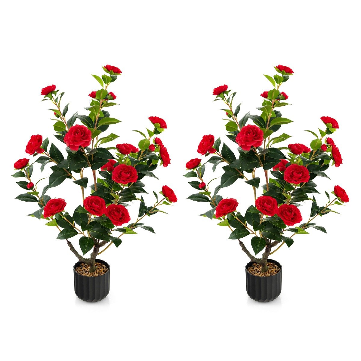 Camélia artificial de 96,5 cm (38 polegadas), planta de flor falsa em vaso de cimento, pacote com 2 unidades - Vermelha