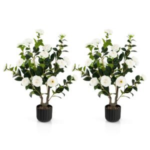 Camélia artificial de 96,5 cm (38 polegadas), planta de flor artificial em vaso de cimento, pacote com 2 unidades - Branca