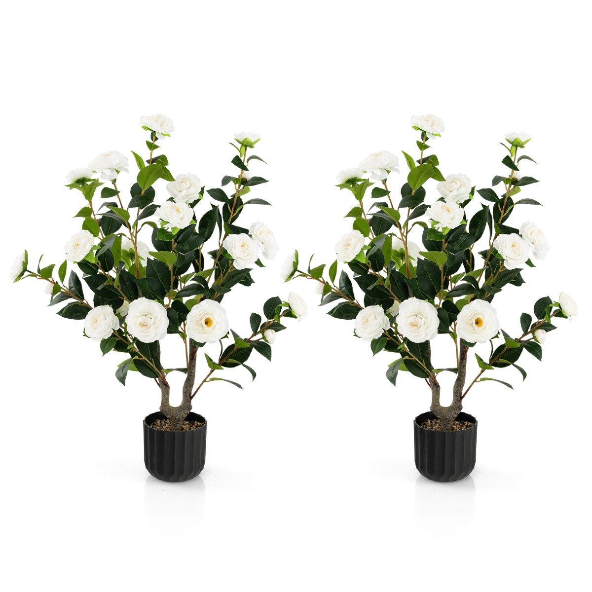 Camélia artificial de 96,5 cm (38 polegadas), planta de flor artificial em vaso de cimento, pacote com 2 unidades - Branca
