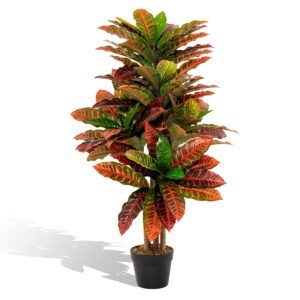 Planta artificial de cróton de 1 metro de altura, palmeira falsa de cróton com folhas variegadas coloridas e vaso.