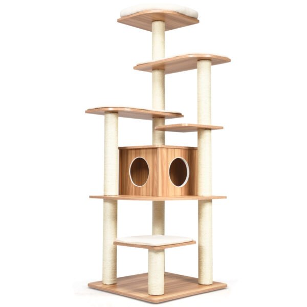 Árvore de escalada moderna para gatos com coluna de corda de sisal resistente a arranhões.