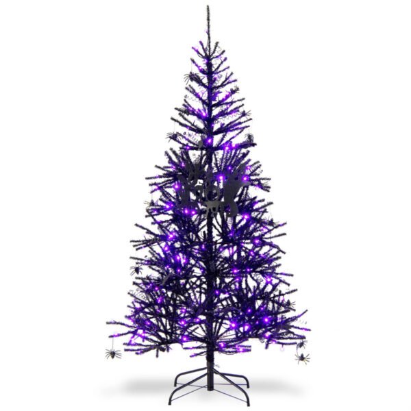 Árvore artificial de Halloween com 183 cm de altura, luzes LED e enfeites, preta.