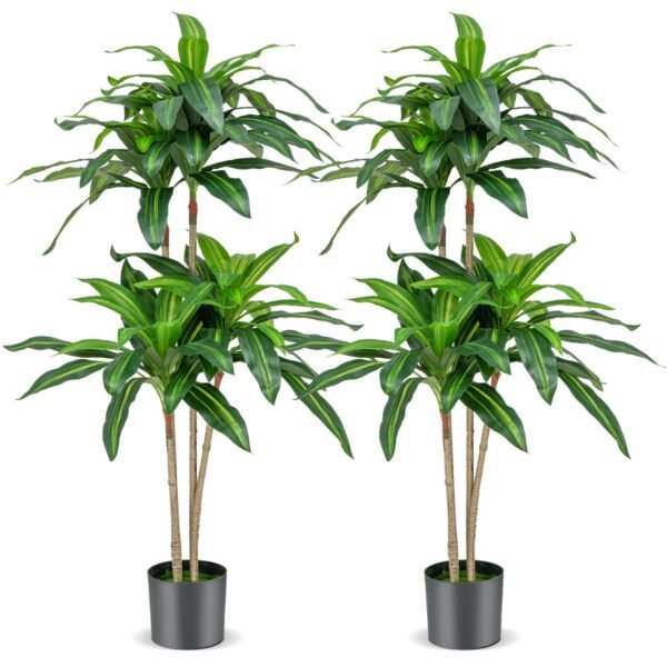 Dracena artificial de 140 cm de altura com 92 folhas e vaso de cimento embutido.
